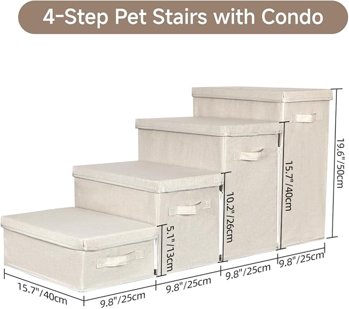 Dog Stairs with Storage, 4-Step Folding Pet Steps for Small Dogs and Cats, Pet Steps Storage with Zip, Pet Stairs for High Bed, Couch and Car Ramp (Beige, 4 Steps no Condo)-PawvioPets