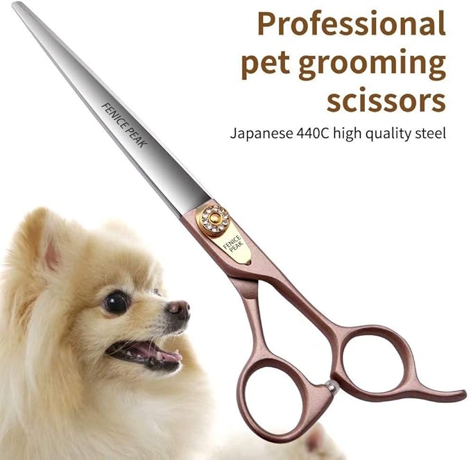 Fenice Peak 8'' Dog Straight Scissors for Grooming 440C Stainless Steel Rose Gold Professional Pet Trimming Scissors Sharp Blades Cutting for Dogs and Cats Shears-PawvioPets