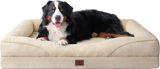 EHEYCIGA Memory Foam XXL Dog Bed for XLarge Sized, Extra Large Orthopedic Dog Sofa with Sides and Waterproof Liner, Washable Bolster Pet Couch with Removable Cover, 52x41x8 Inch, Beige-PawvioPets