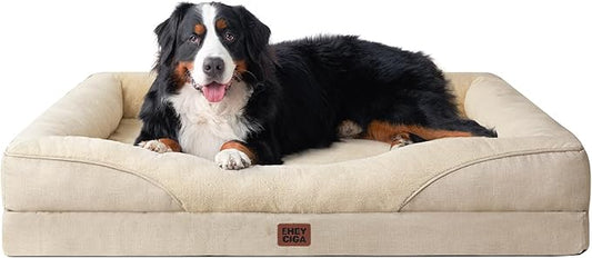 EHEYCIGA Memory Foam XXL Dog Bed for XLarge Sized, Extra Large Orthopedic Dog Sofa with Sides and Waterproof Liner, Washable Bolster Pet Couch with Removable Cover, 52x41x8 Inch, Beige-PawvioPets
