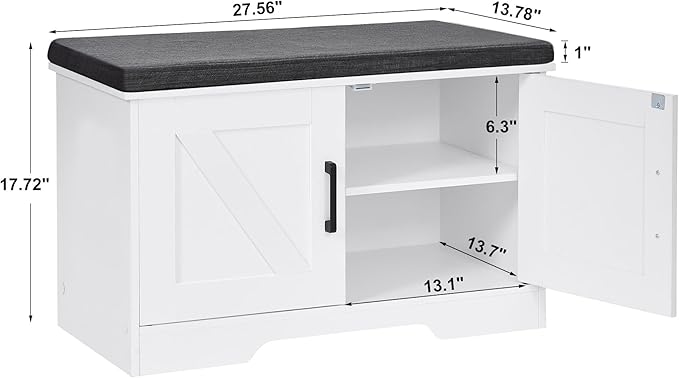 2-Tier Storage Bench, Shoe Bench with Padded Seat Cushion, Entryway Bench with 2 Barn Doors, Adjustable Shelf, 13.8" D x 27.6" W x 17.7" H, for Entryway, Living Room, Bedroom, White-PawvioPets