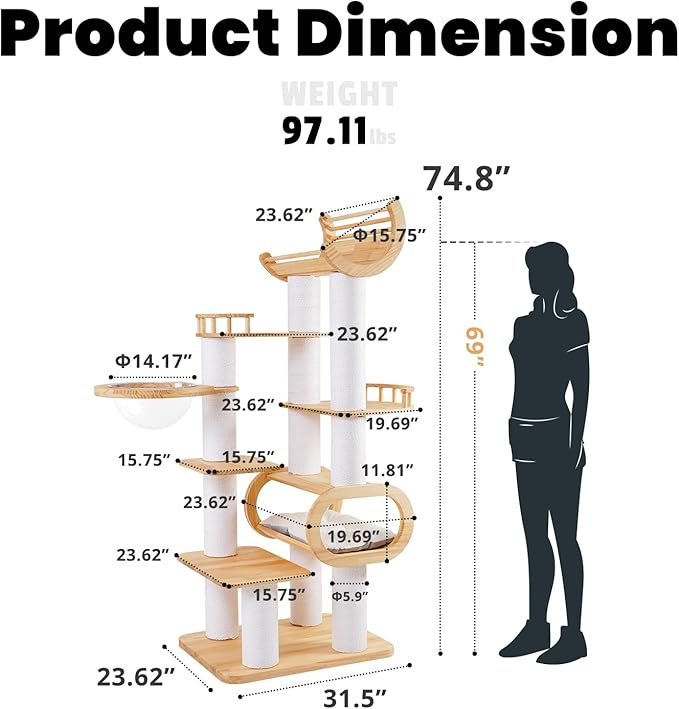 74.8" Modern Cat Tree for Indoor Cats, Tall Wood Cat Tower with Scratching Post, Heavy Duty Luxury Condo with Removable Mats, Multi-Level Cat Furniture for Cats-PawvioPets