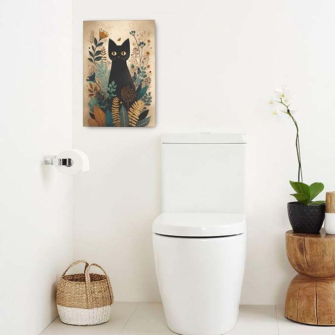 Boho Black Cat Wall Art Kitten Botanical Wall Decor Mid Century Modern Canvas Painting Print Minimalist Pictures Artwork Framed Decorations Gifts for Cat Lover Bathroom Nursery Living Room Bedroom Kitchen 16"x24"-PawvioPets