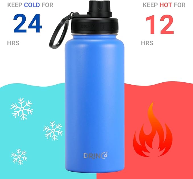 DRINCO Stainless Steel Water Bottle Spout Lid Vacuum Insulated Double Wall Water Bottle Wide Mouth (40oz 32oz 22oz 18oz 14oz) Leak Proof Keep Cold Sport Camping Hiking (32 oz, 32oz Royal Blue)-PawvioPets