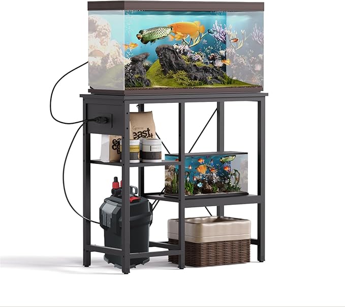 20-29 Gallon Fish Tank Stand with Power Outlet & LED Light, Metal Aquarium Stand with 3 Tier Adjustable Storage Shelves, Tank Stand for Reptile Tank, Turtle Tank, 30.7" L*13.8" W, Black-PawvioPets