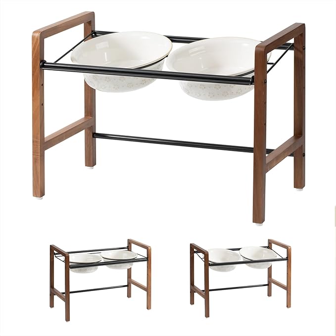 8.7inch Ceramic Adjustable Raised Double Bowls Set with Stand, 3 Heights Elevated, 2 Placement Options, Food and Water Dishes for Large Dog(Double Bowls+Stand, Reactived Glaze -White)-PawvioPets