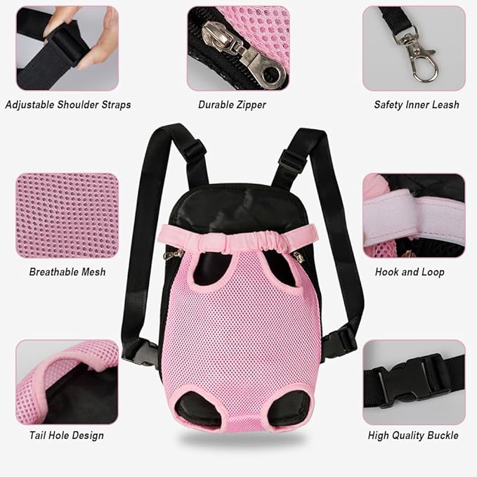 FEimaX Dog Carrier Backpack Pet Legs Out Front Cat Travel Bag, Adjustable Puppy Backpacks Carriers Hands-Free for Small Medium Dogs Cats Hiking Traveling Camping Daily Walking (Medium, Pink)-PawvioPets