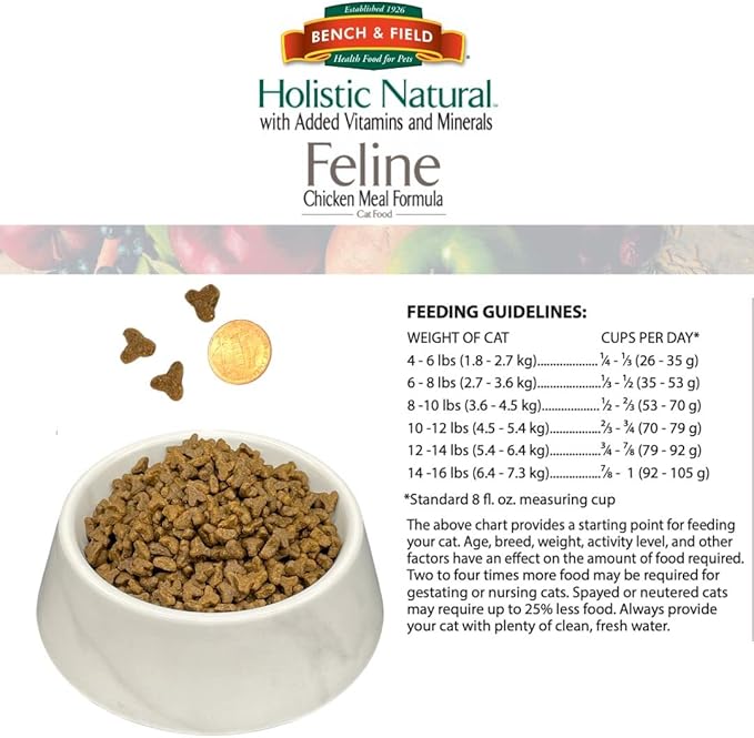 Bench & Field Holistic Natural Premium Adult Dry Cat Food, Chicken Meal and Brown Rice Recipe 25 lb Bag (Pack of 1)-PawvioPets