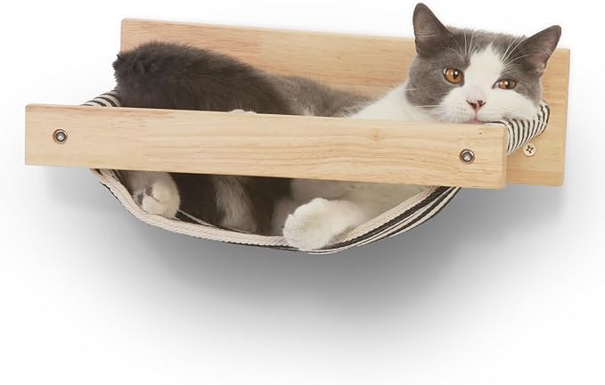 FUKUMARU Hammock Wall Mounted Cat Beds and Perches, Wooden Kitten Walls Furniture, Stable Cats Shelves for Sleeping, Playing, Climbing, and Lounging, Black Stripe-PawvioPets