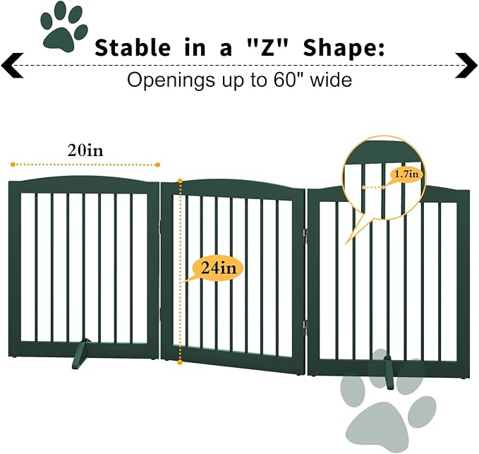 Freestanding Pet Gate for Dogs, Foldable Wooden Dog Gate for House, Indoor Dog Gate for Doorways, Stairs, Step Over Pet Puppy Safety Fence, Support Feet Included,24" Height 3 Panels,Green-PawvioPets