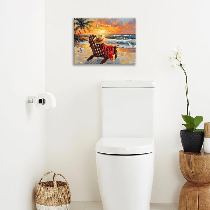 Beach Coastal Bathroom Pictures Wall Art, Seaside Ocean Bathroom Wall Decor, Sunrise Palm Framed Painting Canvas Artwork for Bedroom Living Room Decorations 20"L x 16"W-PawvioPets
