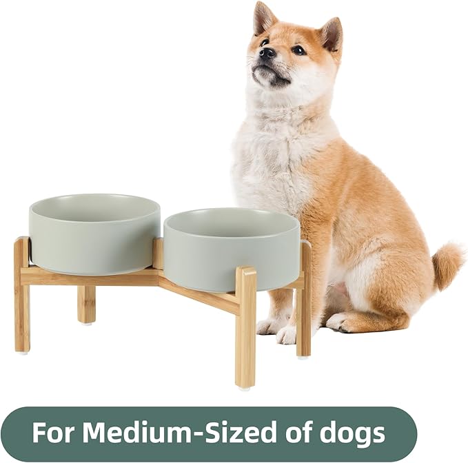 Ceramic Raised Double Bowls Set with Stand, Food & Water Bowls for Medium Breed Dogs, Weighted Dog Dishes, Pet Bowl(7.3'',41OZ, Grey)-PawvioPets