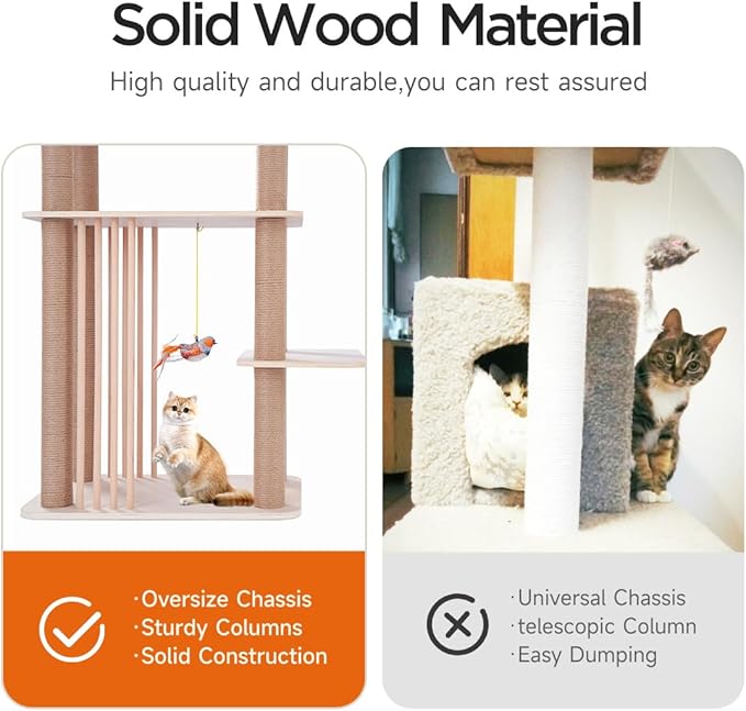 68" Large Cat Tree, Solid Wood Multi-Level Cat Tower with Scratching Posts, Fun Toys, and Washable Plush Platform for Indoor Cats-PawvioPets