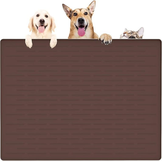 39.4"x29.5" Largest Pet Food Mat, Silicone Dog Mats for Food and Water, Nonslip Pet Feeding Mats for Floors,Dog Cat Bowl Mat with Raised Edges, Dark Brown-PawvioPets