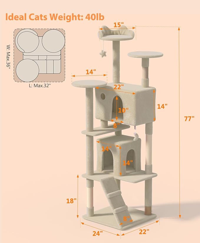 77'' Cat Tree Tower for Indoor Cats Large Adult, Cute/Tall Modern Cat Tree for Big Cats 20 lbs, Plush Multi-Level Cat Condo with Scratching Posts, Dangling Ball for Fun Play (Beige, 77 inch)-PawvioPets