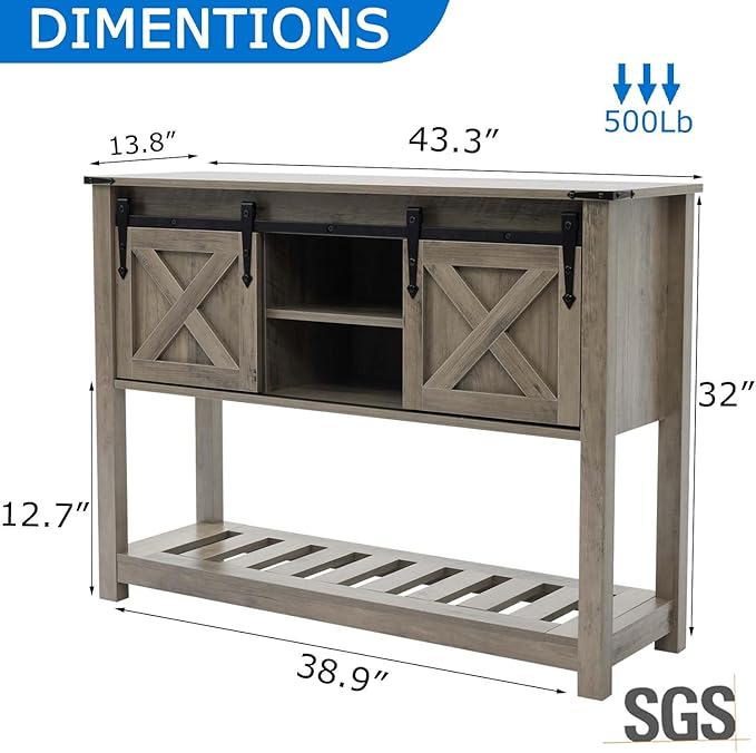 Entryway Table with Storage, Farmhouse Buffet Cabinet Coffee Bar Kitchen Island with Sliding Barn Doors & Shelves, Console Table for Kitchen, Dining Room, Living Room, Grey-PawvioPets