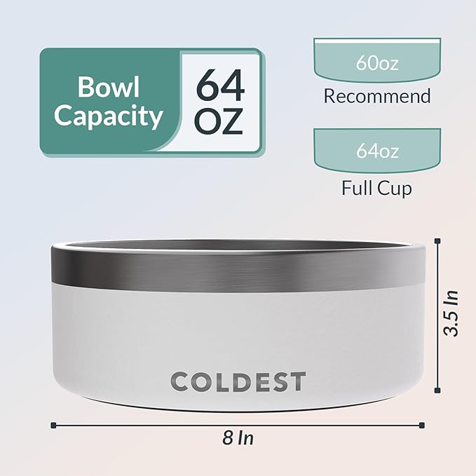 Coldest Dog Bowl - Anti Rust Metal, Non Slip, 3 Layers Insulated Stainless Steel Dog Bowls - Spill Proof & Heavy Duty - Water Bowl for Dogs, Cats & Pets, Dish Washer Safe (64 oz, Epic White)-PawvioPets