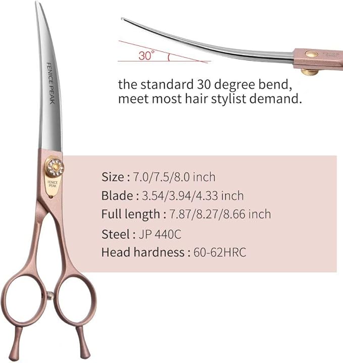 Fenice Peak Professional Curved Dog Grooming Scissors 7'' Rose Gold 440C Stainless Steel Pet Cutting Shears Safety Trimming Shearing for Dogs Cats-PawvioPets