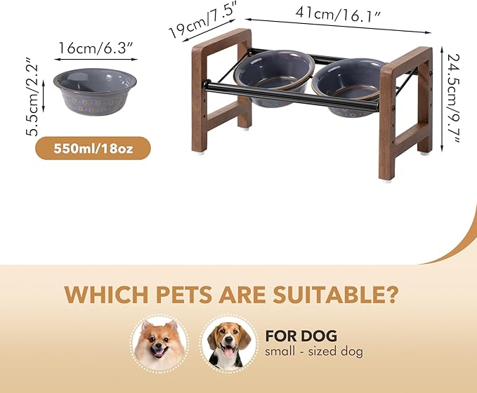 6.3inch Ceramic Adjustable Raised Double Bowls Set with Stand, 3 Heights Elevated, 2 Placement Options,Food and Water Bowls for Adult Cat Small and Medium Dog(Reactived Glaze -Grey)-PawvioPets