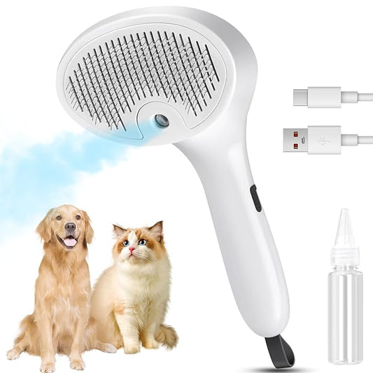 3 in 1 Cat Steam Brush for Cats & Dogs, Pet Spray Hair Removal Comb for Shedding & Grooming, Rechargeable Water Brush for Long & Short Haired Pets with Release Button(White)-PawvioPets