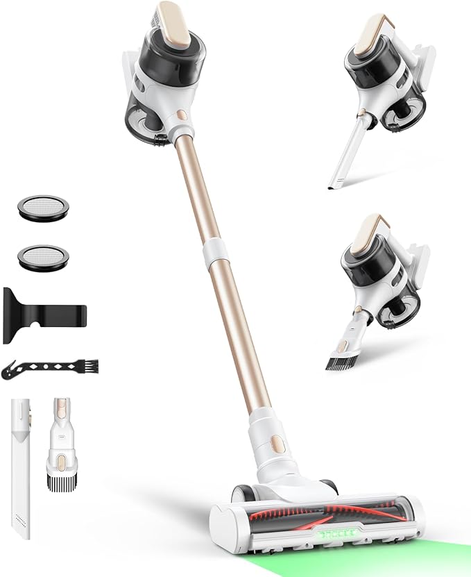 Cordless Stick Vacuum Cleaner for Home, Lightweight Rechargeable Vacuum with 55min Runtime, Powerful Suction, Green LED Headlight, 9-in-1 Pet Hair Carpet & Hardwood Floor Cleaner-PawvioPets