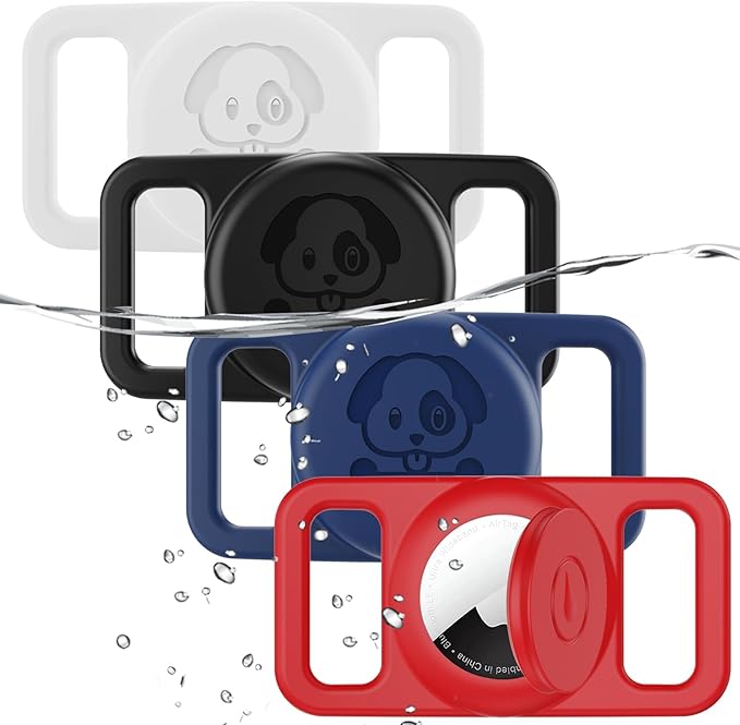 4 Pack Waterproof AirTag Dog Collar Holder Compatible with Apple AirTag, Silicone Hidden Loop Holder for Airtag Tracker, Anti-Lost Dog Collar Air Tag Accessories(Black,White,Red,Blue)-PawvioPets
