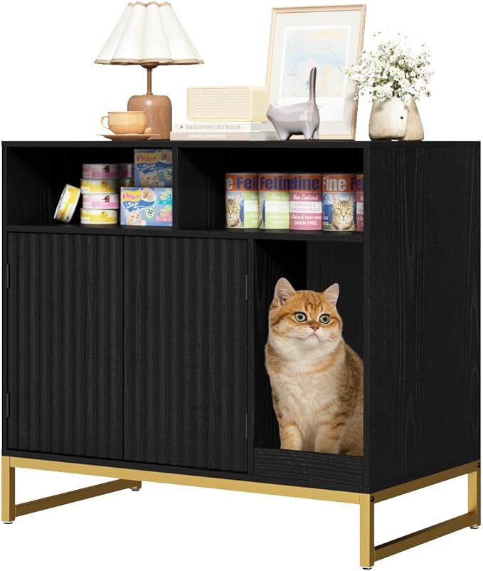 Cat Litter Box Enclosure, Large Hidden Pet Storage Cabinet Furniture with Waveform Fluted Doors & Scratching Pad, Modern Wooden Cat House Indoor for Washroom, Living Room, Bedroom, Black-PawvioPets