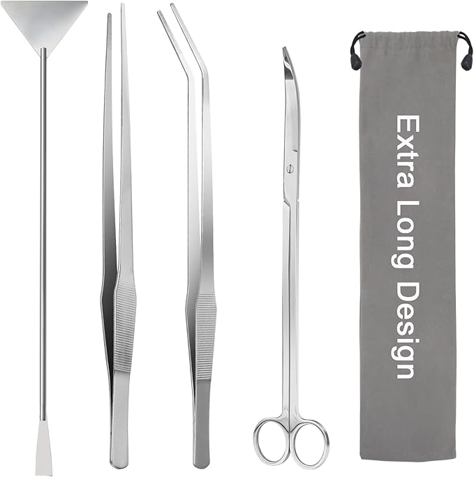 Aquarium Aquascape Tools Kit 15in, 4 in 1 Anti-Rust Aquatic Plant Aquascaping Tool Stainless Steel Tweezers Scissor Spatula for Aquarium Tank Clean Fish Tank Aquascape Accessories Set(Silver)-PawvioPets