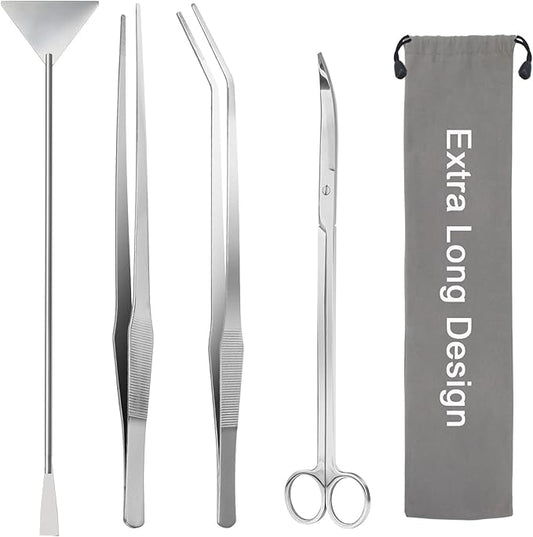 Aquarium Aquascape Tools Kit 15in, 4 in 1 Anti-Rust Aquatic Plant Aquascaping Tool Stainless Steel Tweezers Scissor Spatula for Aquarium Tank Clean Fish Tank Aquascape Accessories Set(Silver)-PawvioPets