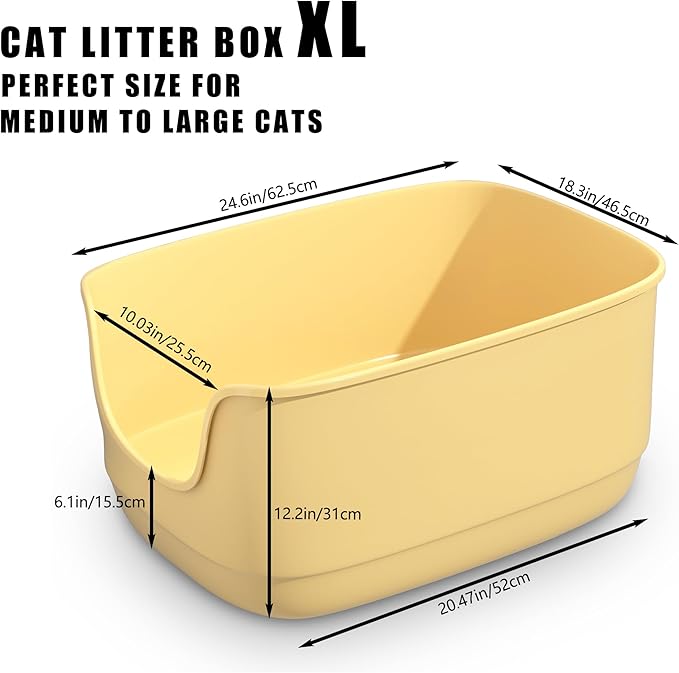 Gefryco Large Cat Litter Box with High Sided 24.6"x18.3"x12.2" - Jumbo Extra Large Open Anti - Splashing High Wall for Multiple Cats (Yellow)-PawvioPets