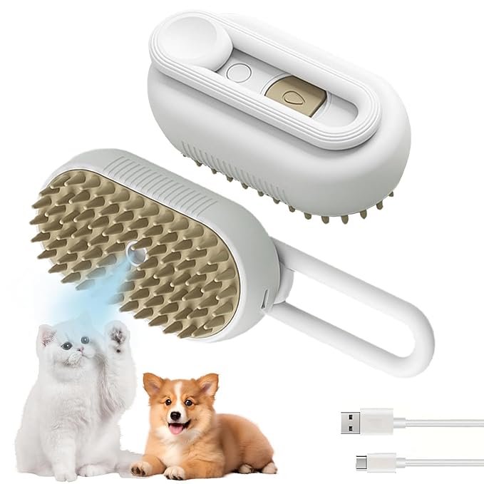 3-in-1 Cat Grooming Brush – Water Spray & Self-Cleaning Shedding Brush for Cats & Dogs – Pet Hair Removal & Massage Comb for Long & Short Hair (White). (White)-PawvioPets