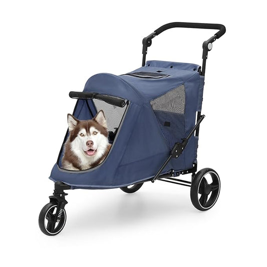 Athena Collection 3 Wheels Pet Stroller Fabric Dog Cart Dog Stroller for Large Dogs 55 Lbs Pet Stroller with Mesh Windows, Zipper Back Pocket, Safety Tether, Angle Adjustable Handlebar, Navy Blue-PawvioPets