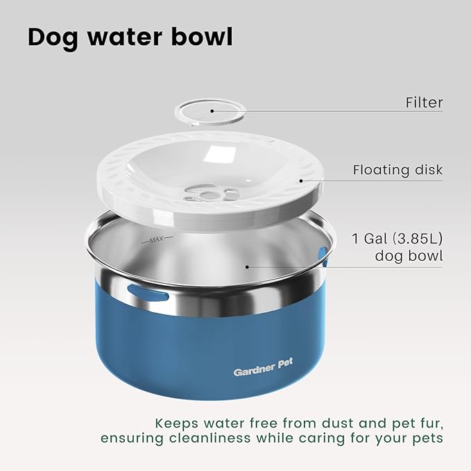 Gardner Pet Dog Bowls 1 Gallon (3.85L) Stainless Steel No Spill Dog Water Bowl, Slow Water Feeder Metal Bowls, Spill Proof Water Dispenser for Large Dogs, Promotes Healthy Hydration-PawvioPets