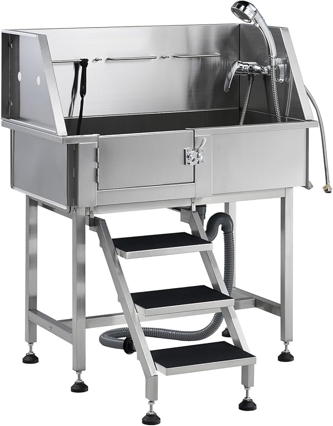 Albott 34 Inch Stainless Steel Dog Washing Station with Non-Slip Steps, Sprayer, Faucet, Tow Rope – Professional Pet Bathtub for Small Dogs, Great for Home, Garage, Salon (Left Door)-PawvioPets