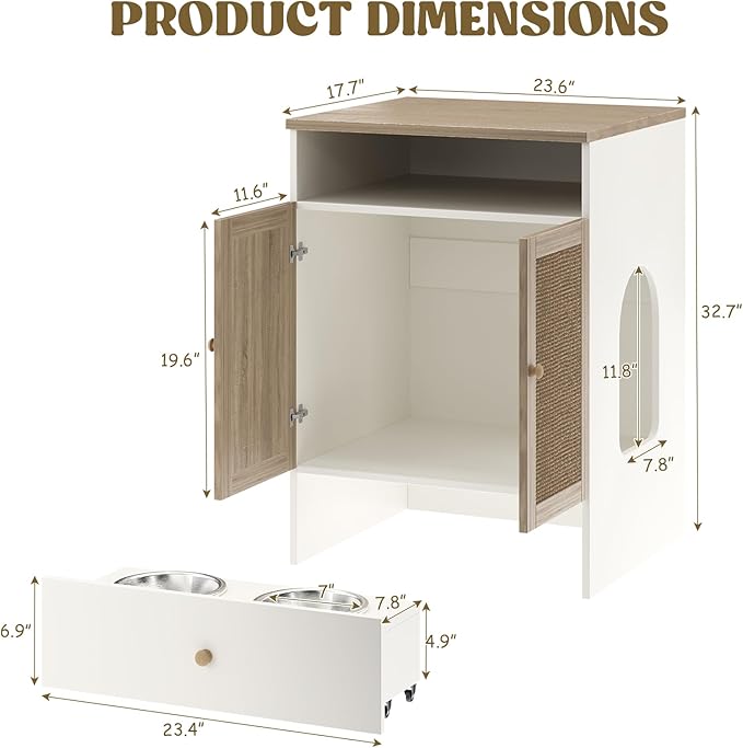 Cat Litter Box Enclosure Furniture Hidden - Indoor 3-in-1 Wooden Cat House & Washroom Cabinet with Scratching Board Doors, Shelf and Feeder Bowls, 23.6”x17.7”x32.7”H-PawvioPets