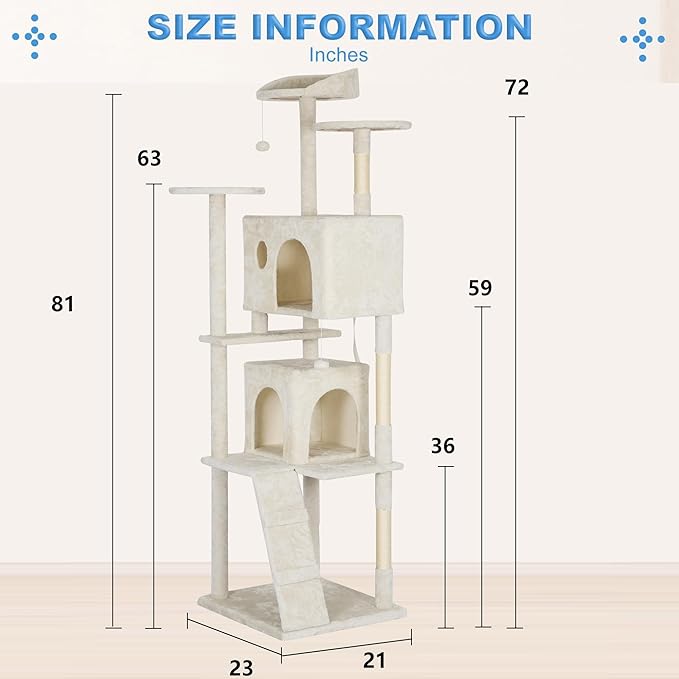 FDW Cat Tree Tower 81in Multi-Level Durable Cat Scratching Post & Cozy Fun Jumping Platform Space Saving Condo Pet Play House for Indoor Cats,Beige-PawvioPets