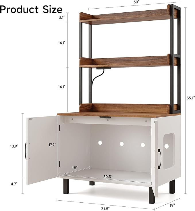 55 Inches Cat Litter Box Enclosure, Hidden Litter Box Furniture with 2 Storage Shelves and Charging Sockets, Wooden Cat House, Large Indoor Cabinet for Living Room & Entryway, White-PawvioPets