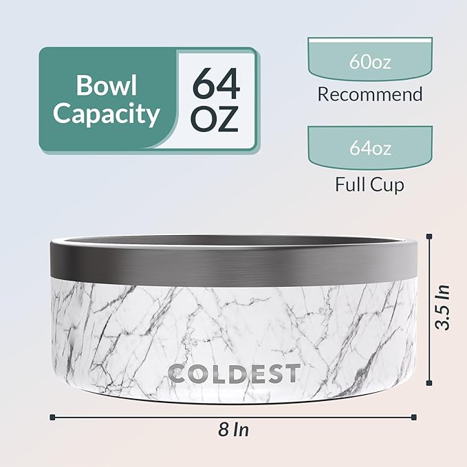 Coldest Dog Bowl - Anti Rust Metal, Non Slip, 3 Layers Insulated Stainless Steel Dog Bowls - Spill Proof & Heavy Duty - Water Bowl for Dogs, Cats & Pets, Dish Washer Safe (64 oz, Carrara Marble)-PawvioPets