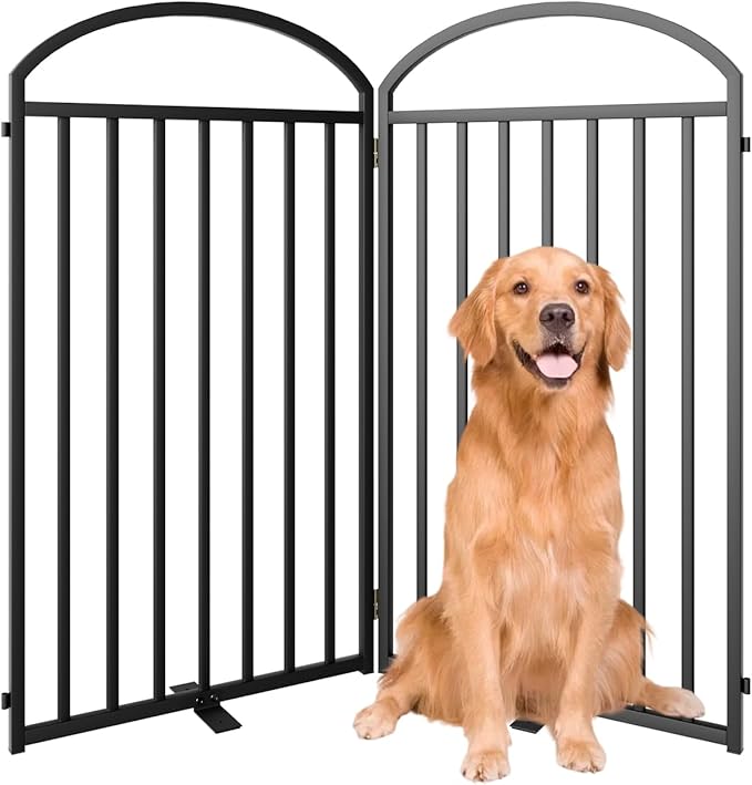 2 Panles Full Matel Freestanding Dog Gates with Door, 48"Extra Wide 36"Tall Free Standing Dog Pet Gate for Indoor & Outdoor. Foldable Pet Fences for Doorways, House, Stairs, Porch, Deck, Yard-PawvioPets