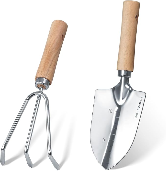 Garden Tool Set, 2 Pieces Stainless Steel Heavy Duty Garden Tools, Gardening Kit with Wooden Handle Garden Hand Tools, Durable Garden Tools for Gardening, Gardening Gifts for Women Men-PawvioPets