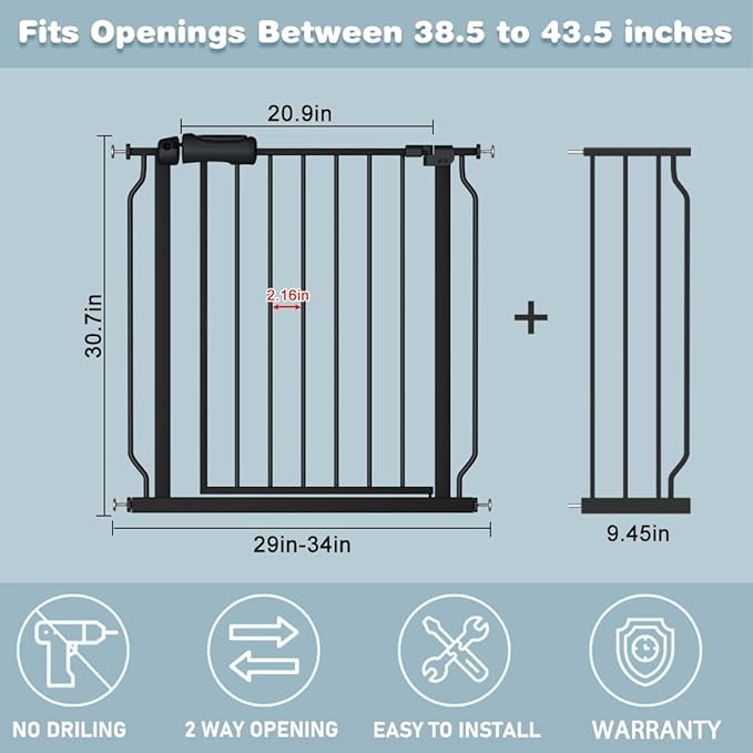 Extra Wide Black Baby Gate 38.5-43.5 Inch Walk Through Pressure Mounted Safety Gate No Drill Tension Metal Gate for Dog Cat and Infant Toddler-PawvioPets