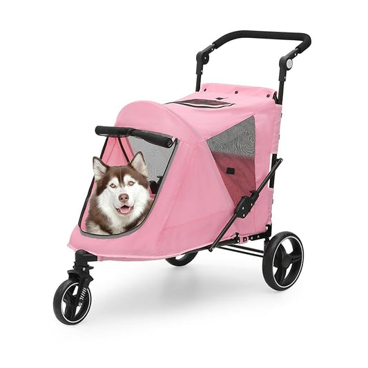 Athena Collection 3 Wheels Pet Stroller Fabric Dog Cart Dog Stroller for Large Dogs 55 Lbs Pet Stroller with Mesh Windows, Zipper Back Pocket, Safety Tether, Angle Adjustable Handlebar, Pink-PawvioPets