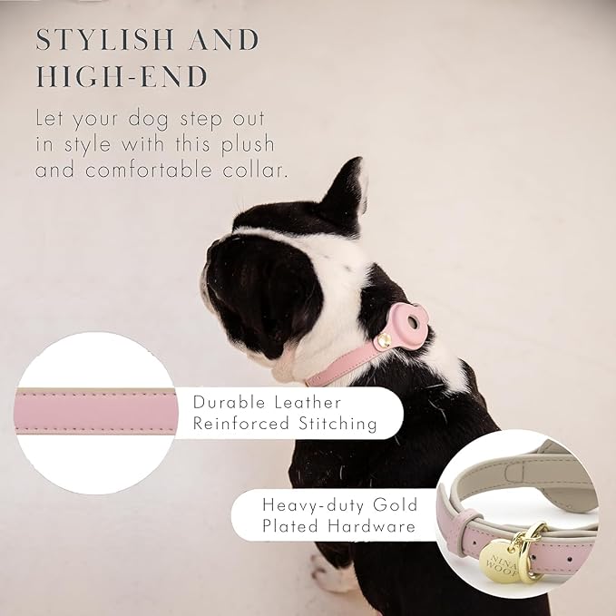 Cupertino Dog Collars, Harnesses & Leashes Made from Vegan Leather with Dog Tracker Device Holder Adjustable Dog Collar (Medium, Pink)-PawvioPets