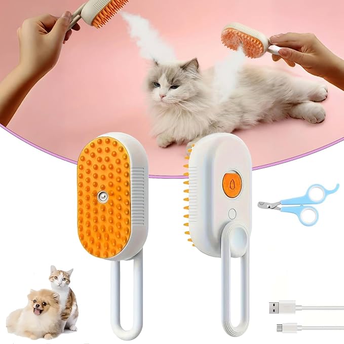 4 in 1 Pet Steam Brush, Cat Steam Brush, Quick & Easy Pet Hair Remover, Massaging & Deshedding - Anti-Static, Moisturizing, USB Rechargeable for Dogs & Cats (White)-PawvioPets