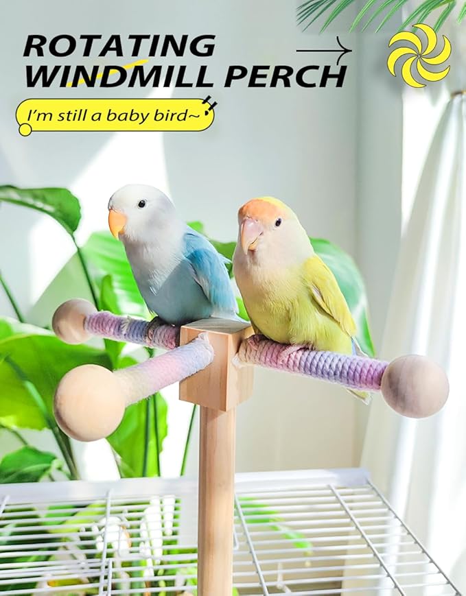 Bird Stand Perch Toy, 360° Rotating Natural Wooden Parrot Perch for Bird Cages, Colorful-PawvioPets