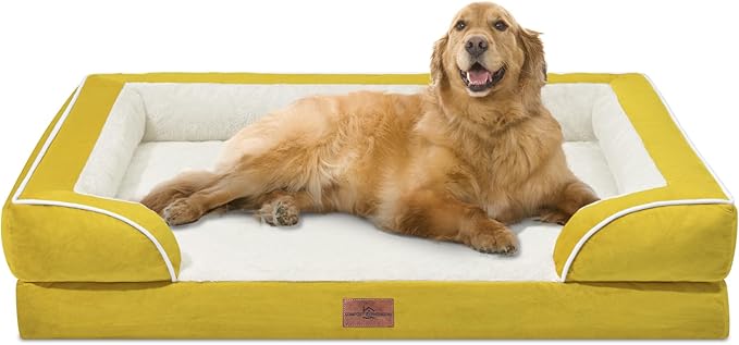 Comfort Expression Orthopedic XL Dog Beds, Waterproof Extra Large Dog Bed with Bolster, Washable Dogs Bed Sofa with Removable Cover & Non-Slip Bottom(X-Large,Spicy Mustard)-PawvioPets