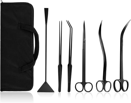 Aquascaping Tools 7 in 1 Kit Aquarium Plant Scissors Tools Set Curved & Waved Scissor Tweezers Spatula Stainless Steel Anti Rust Tools for Aquascape Black-PawvioPets