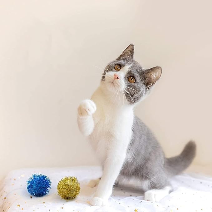 AUEAR, 12 Pack 2 Inch Sparkle Ball Shiny Glitter Tinsel Pom Poms Interactive Cat Balls for Kittens (6 Colors)-PawvioPets
