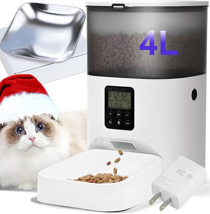 Automatic Cat Feeder, 4L Cat Food Dispenser with 10s Voice Recorder, Pet Feeder up to 8 Meals per Day, Timed Cat Feeder with Dry Food Sealed Ring (Jade White, 4L)-PawvioPets