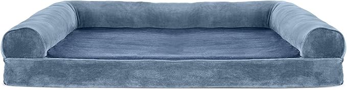 Furhaven Orthopedic Dog Bed for Large Dogs w/ Removable Bolsters & Washable Cover, For Dogs Up to 95 lbs - Faux Fur & Velvet Sofa - Harbor Blue, Jumbo/XL-PawvioPets